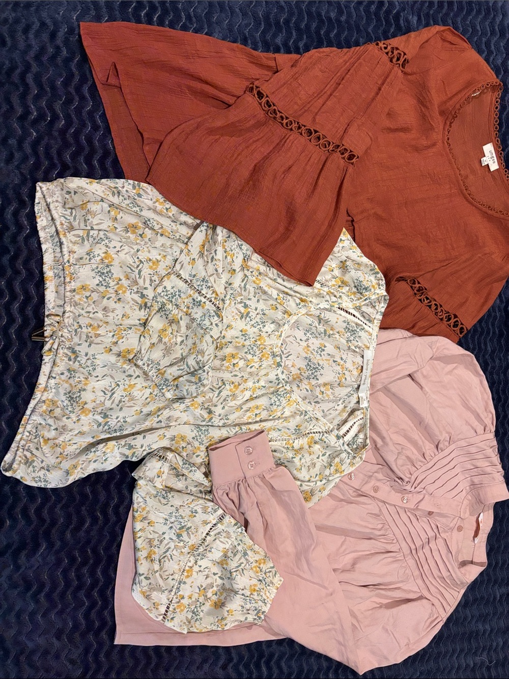 Rust Bell-Sleeve Top with Crochet Trim with a floral and dusty pink blouses